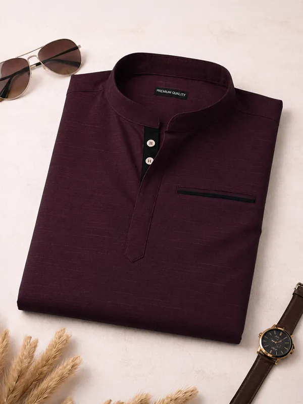 Pack_Of_2_Urban_Fit_Wine_White_Short_Linen_Kurta_For_Men