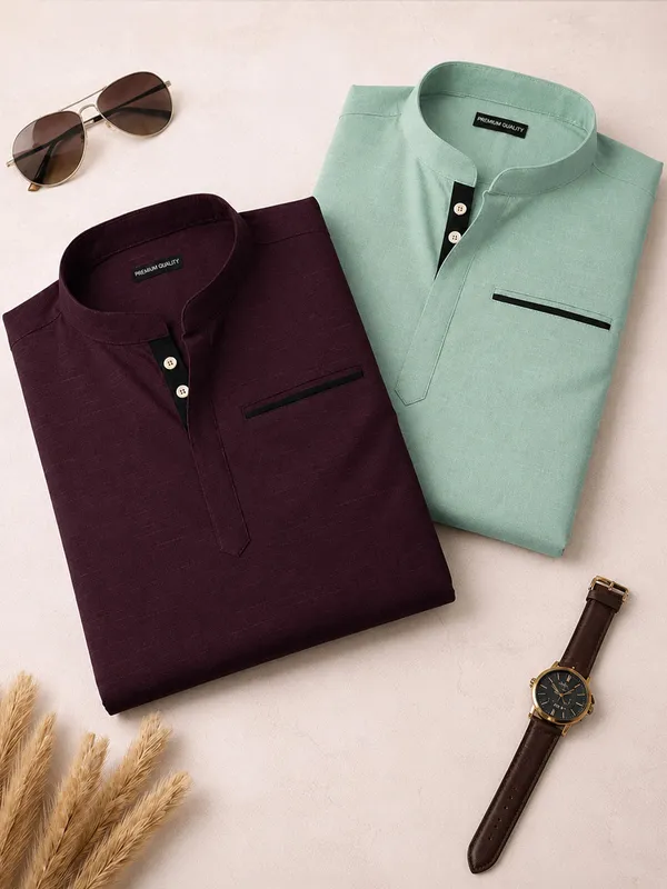 Pack_Of_2_Urban_Fit_Wine_Sea_Green_Short_Linen_Kurta_For_Men