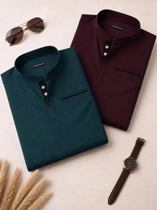 Pack_Of_2_Urban_Fit_Wine_Royal_Blue_Short_Linen_Kurta_For_Men
