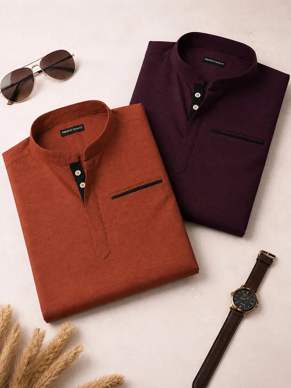 Pack_Of_2_Urban_Fit_Wine_Orange_Short_Linen_Kurta_For_Men