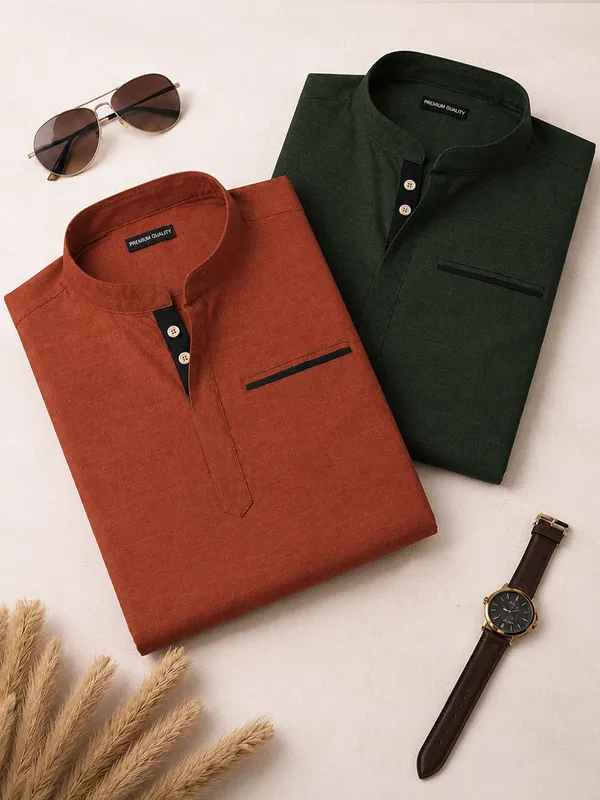 Pack_Of_2_Urban_Fit_Orange_Bottle_Green_Short_Linen_Kurta_For_Men