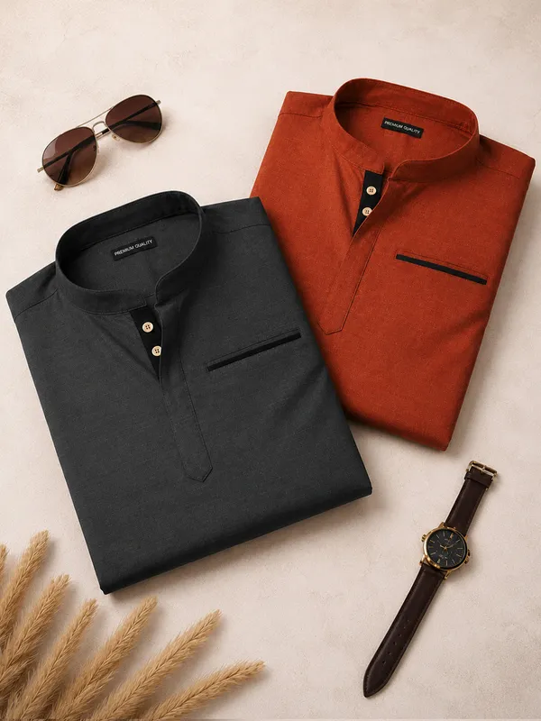 Pack_Of_2_Urban_Fit_Dark_Grey_Orange_Short_Linen_Kurta_For_Men