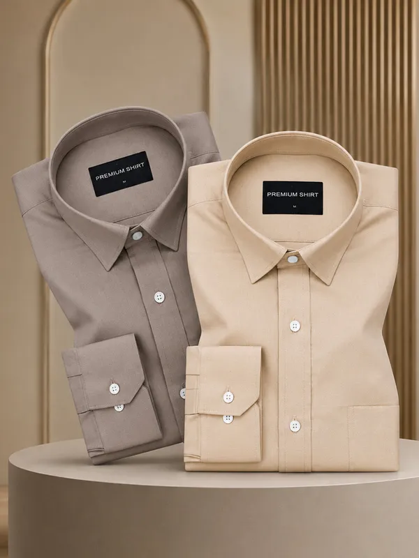 Pack_Of_2_Brown_Cream_Formal_Oxford_Cotton_Shirt_For_Men