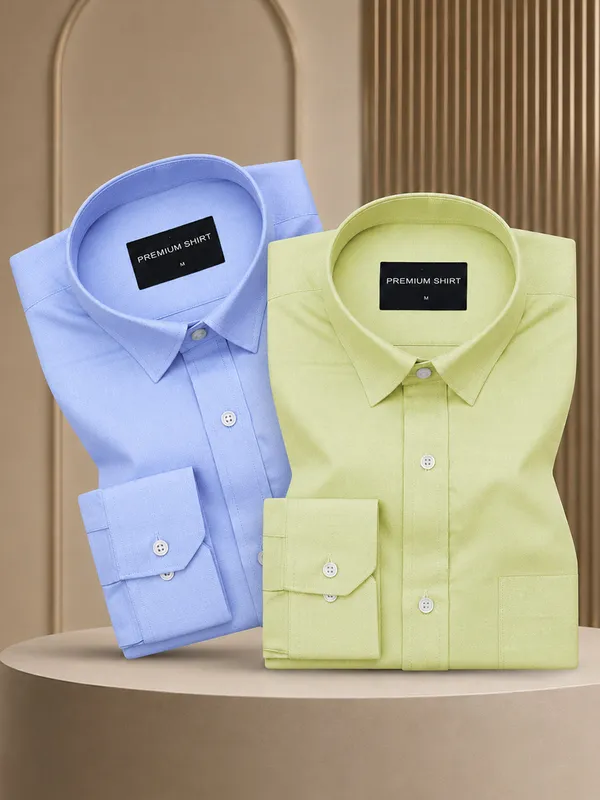Pack_Of_2_Denim_Blue_Lime_Green_Formal_Oxford_Cotton_Shirt_For_Men