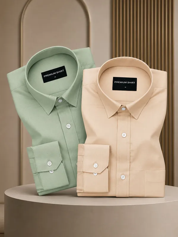 Pack_Of_2_Sea_Green_Cream_Formal_Oxford_Cotton_Shirt_For_Men