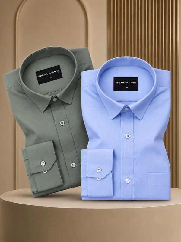 Pack_Of_2_Olive_Denim_Blue_Formal_Oxford_Cotton_Shirt_For_Men