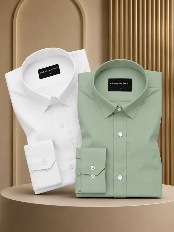 Pack_Of_2_White_Sea_Green_Formal_Oxford_Cotton_Shirt_For_Men