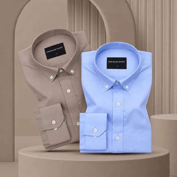 Pack_Of_2_Oxford_Cotton_Shirt_For_Men_Brown_Denim_Blue