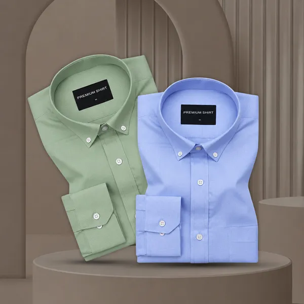 Pack_Of_2_Oxford_Cotton_Shirt_For_Men_Sea_Green_Denim_Blue