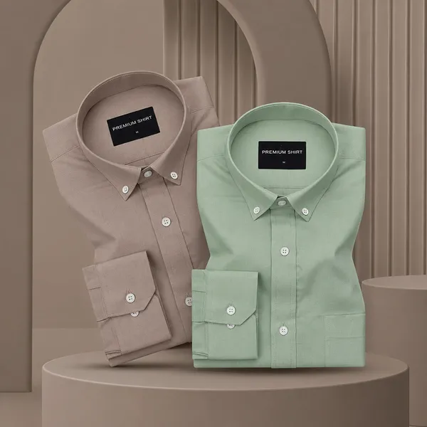 Pack_Of_2_Oxford_Cotton_Shirt_For_Men_Brown_Sea_Green