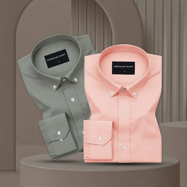 Pack_Of_2_Oxford_Cotton_Shirt_For_Men_Olive_Peach