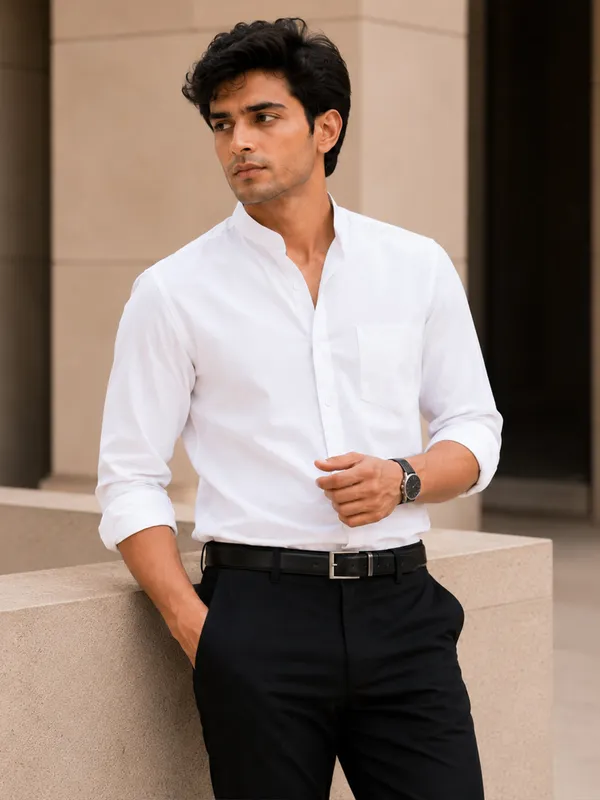 Chinese_Collar_White_Tailored_Fit_Cotton_Casual_Shirt_For_Man