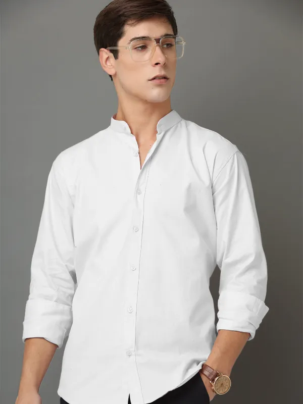 Chinese_Collar_White_Tailored_Fit_Cotton_Casual_Shirt_For_Man