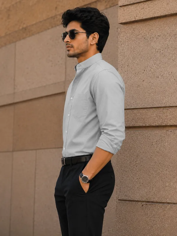 Chinese_Collar_Silver_Tailored_Fit_Cotton_Casual_Shirt_For_Man
