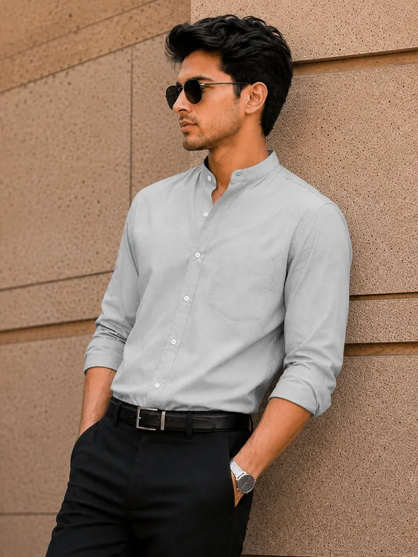 Chinese_Collar_Silver_Tailored_Fit_Cotton_Casual_Shirt_For_Man