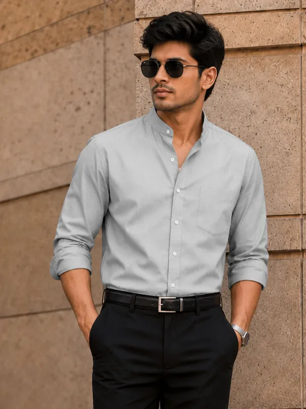Chinese_Collar_Silver_Tailored_Fit_Cotton_Casual_Shirt_For_Man
