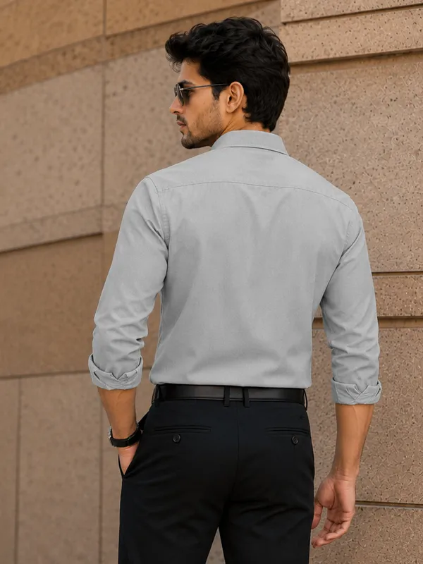 Chinese_Collar_Silver_Tailored_Fit_Cotton_Casual_Shirt_For_Man