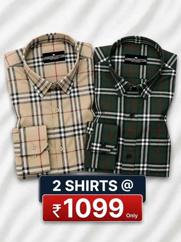 Pack_Of_2_Tartan_Check_Cotton_Shirt_Mustard_Green