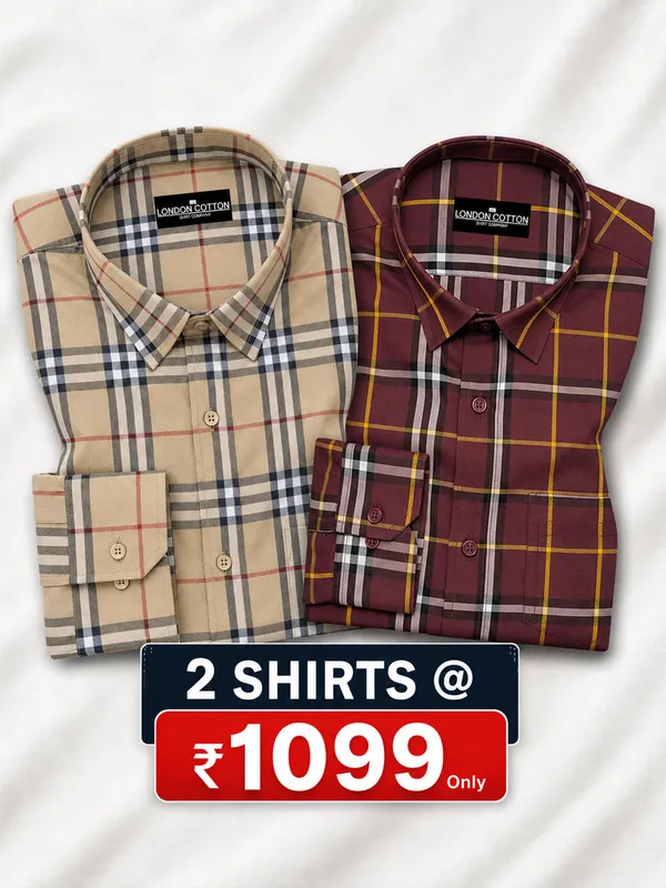 Pack_Of_2_Tartan_Check_Cotton_Shirt_Mustard_Red