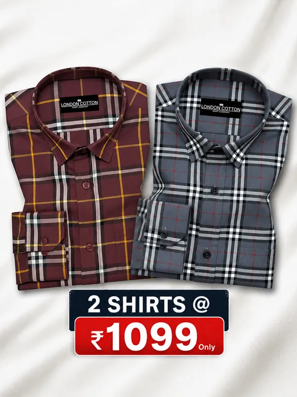 Pack_Of_2_Tartan_Check_Cotton_Shirt_Red_Denim