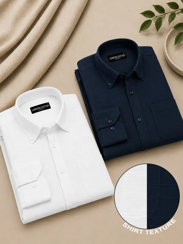 White_Navy_Blue_Linear_Linen_Pack_Of_2_Shirt
