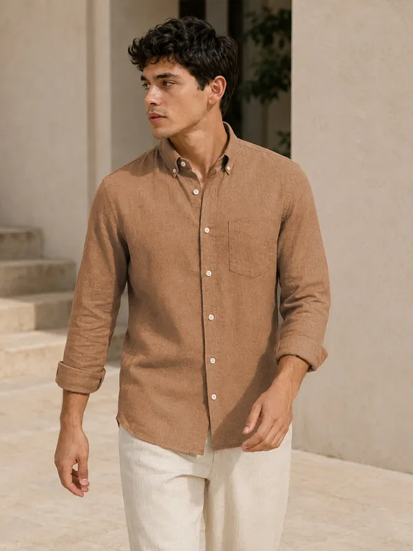 Dusty_Brown_Down_Button_Casual_Linen_Shirt