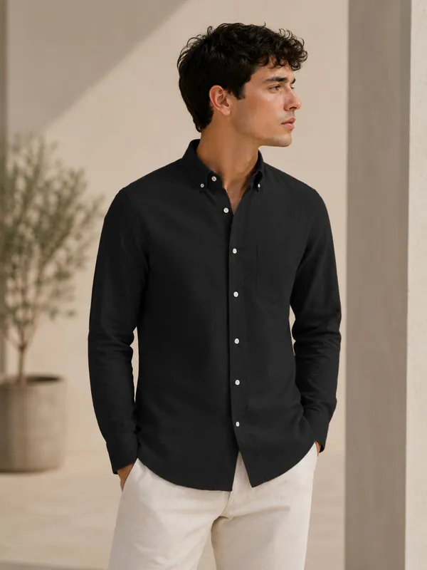 Black_Down_Button_Casual_Linen_Shirt