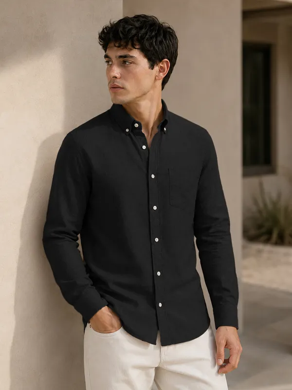 Black_Down_Button_Casual_Linen_Shirt