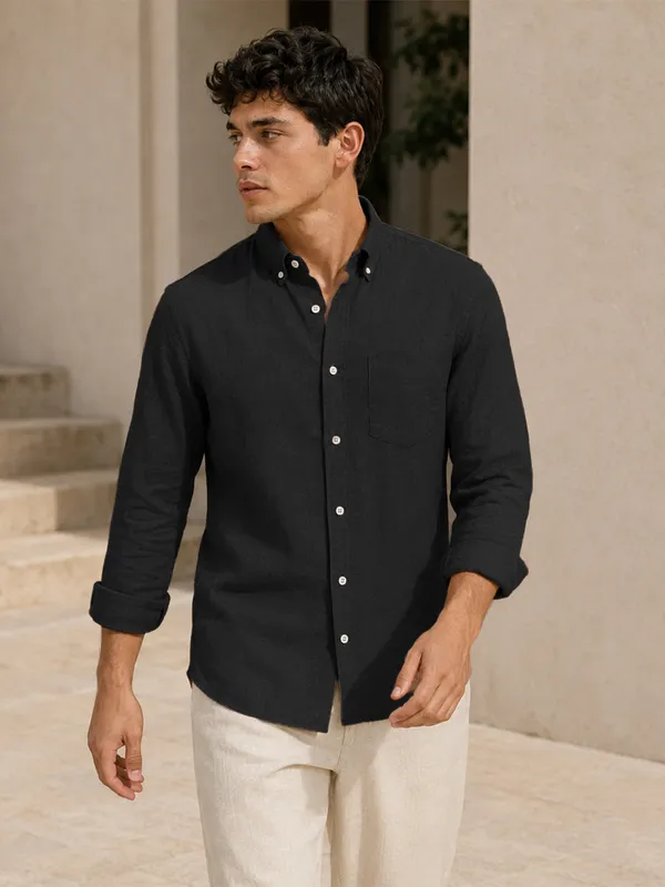 Black_Down_Button_Casual_Linen_Shirt