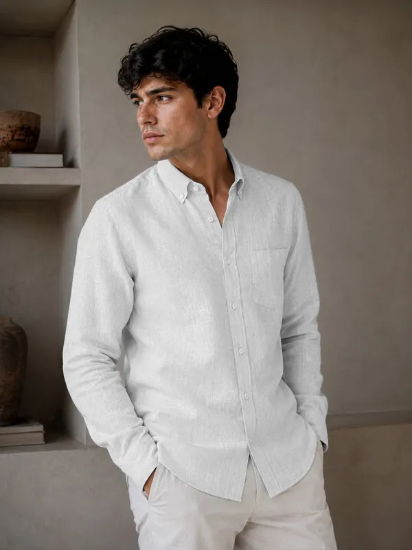 White_Down_Button_Casual_Linen_Shirt