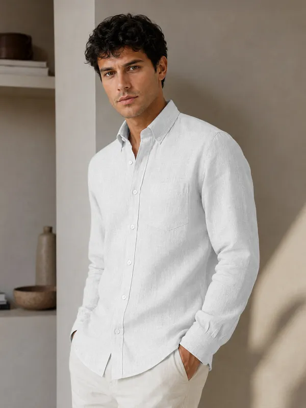 White_Down_Button_Casual_Linen_Shirt