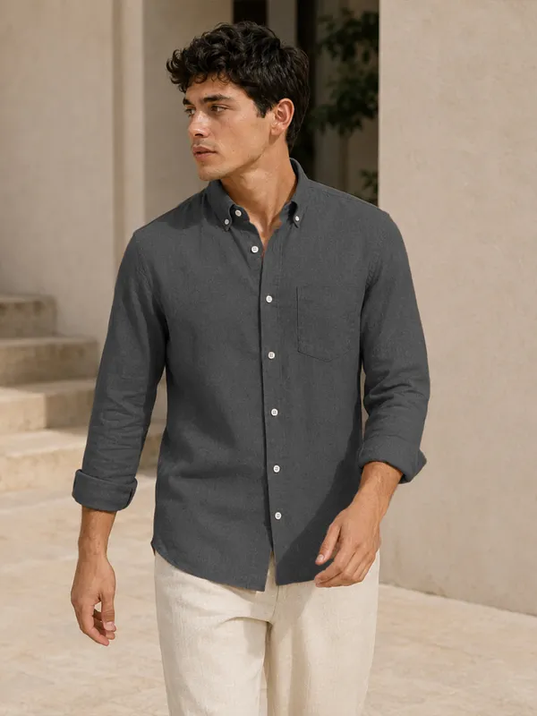 Dark_Grey_Down_Button_Casual_Linen_Shirt