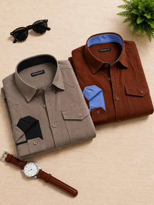 New_Pack_Of_2_Cargo_Style_Brown_Khaki_Shirt
