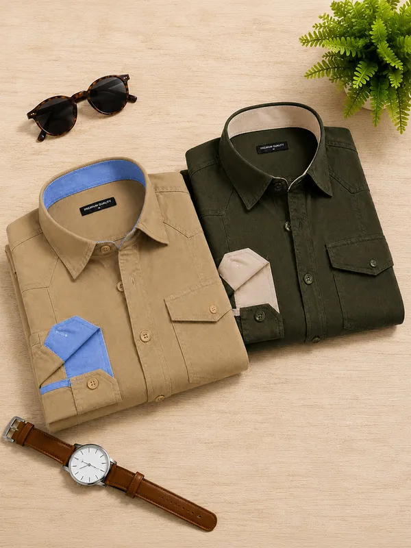New_Pack_Of_2_Cargo_Style_Beige_Bottle_Green_Shirt