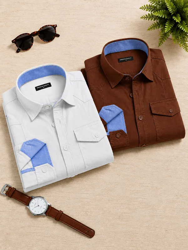 New_Pack_Of_2_Cargo_Style_White_Brown_Shirt