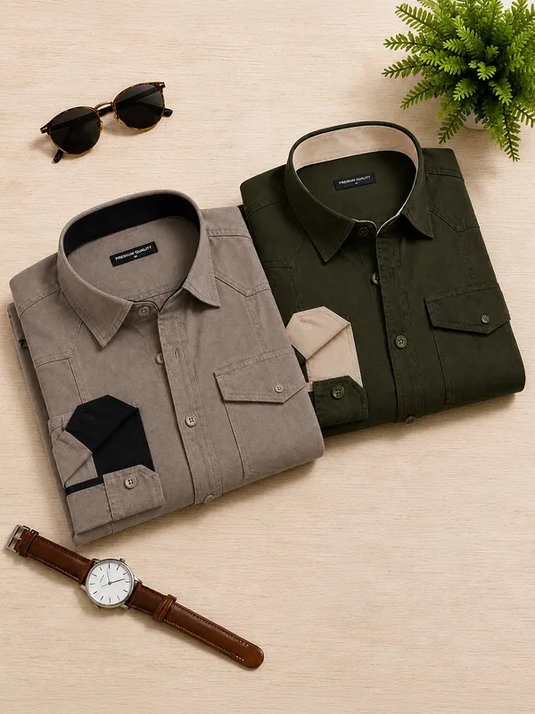 New_Pack_Of_2_Cargo_Style_Khaki_Bottle_Green_Shirt