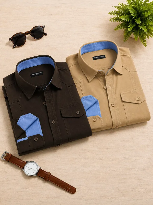 New_Pack_Of_2_Cargo_Style_Dark_Brown_Cream_Shirt