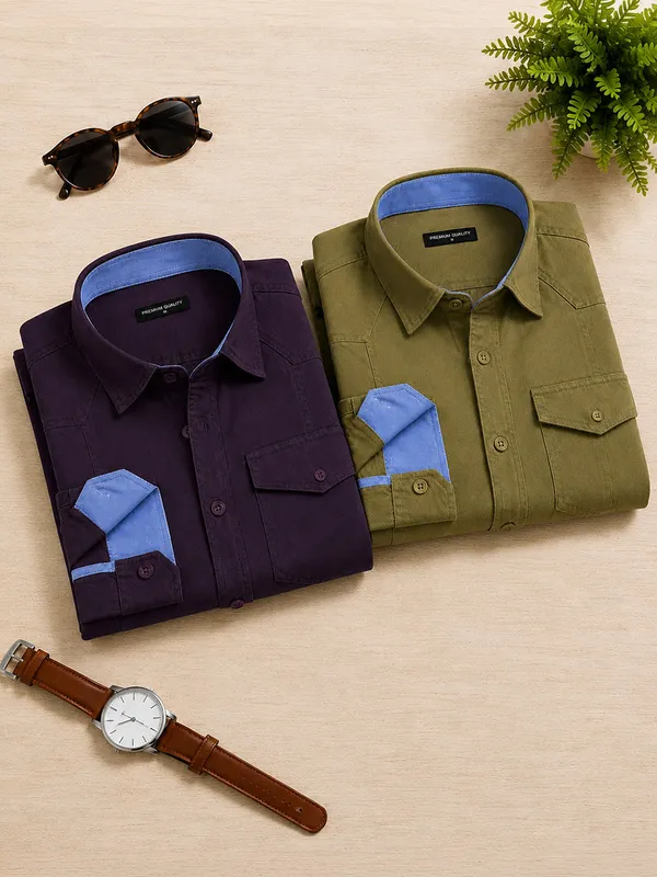 New_Pack_Of_2_Cargo_Style_Wine_Olive_Shirt