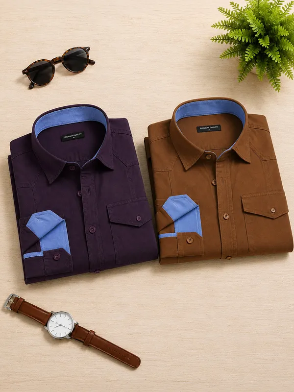 New_Pack_Of_2_Cargo_Style_Wine_Dusty_Brown_Shirt