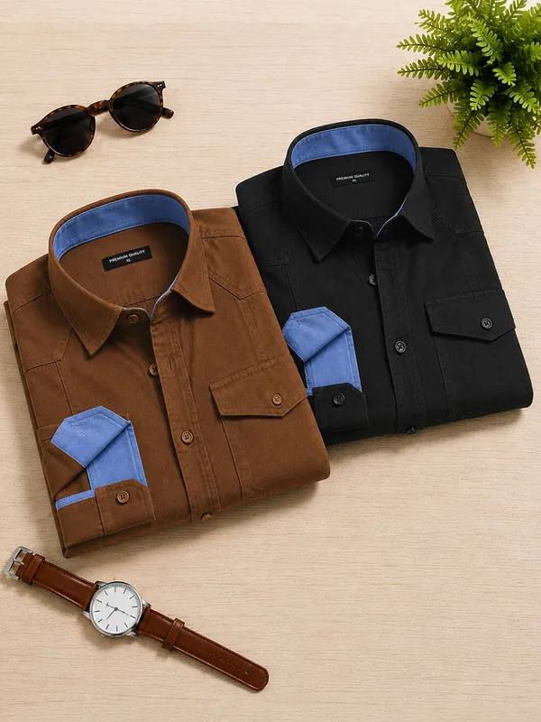 New_Pack_Of_2_Cargo_Style_Dusty_Brown_Black_Shirt