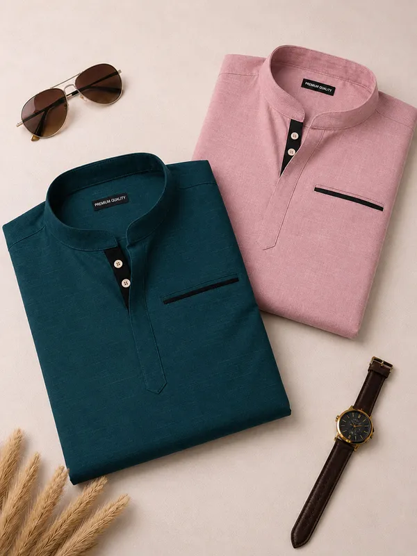 Pack_Of_2_Urban_Fit_Royal_Blue_Rose_Gold_Short_Linen_Kurta_For_Men