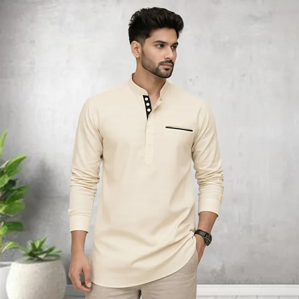 Pack_Of_2_Urban_Fit_Bottle_Green_Cream_Short_Linen_Kurta_For_Men