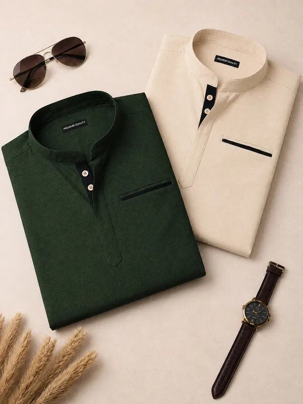 Pack_Of_2_Urban_Fit_Bottle_Green_Cream_Short_Linen_Kurta_For_Men