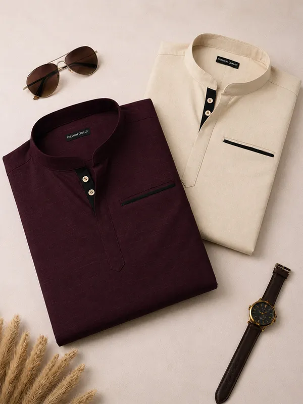 Pack_Of_2_Urban_Fit_Wine_Cream_Short_Linen_Kurta_For_Men