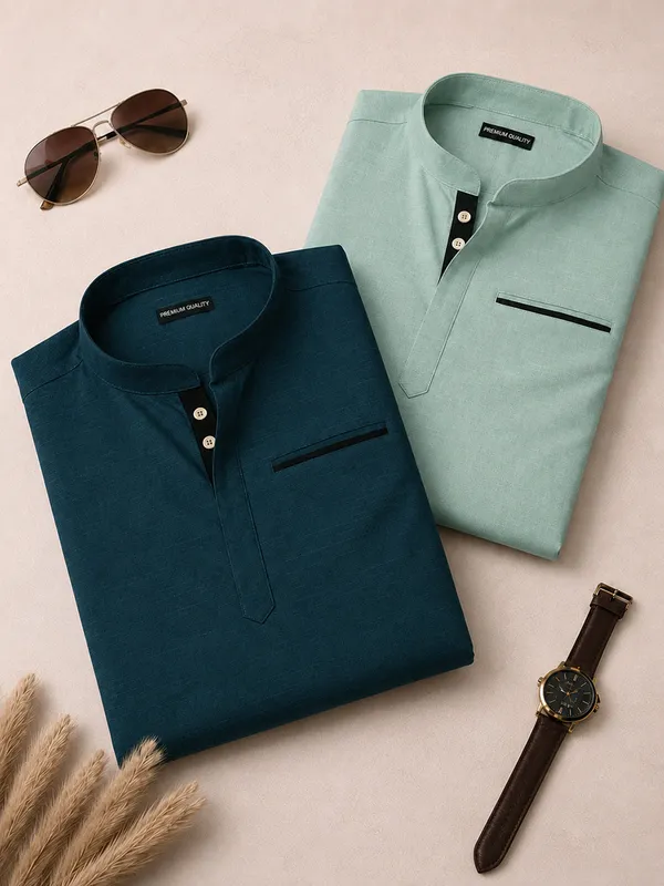 Pack_Of_2_Urban_Fit_Royal_Blue_Sea_Green_Short_Linen_Kurta_For_Men