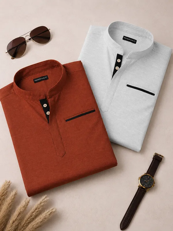Pack_Of_2_Urban_Fit_Orange_White_Short_Linen_Kurta_For_Men