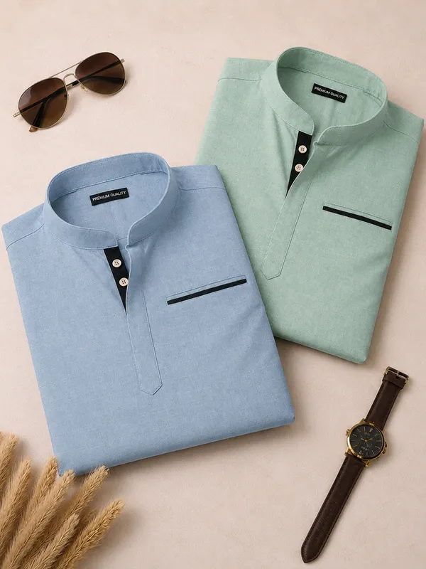 Pack_Of_2_Urban_Fit_Light_Blue_Sea_Green_Short_Linen_Kurta_For_Men