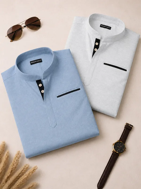 Pack_Of_2_Urban_Fit_Light_Blue_White_Short_Linen_Kurta_For_Men