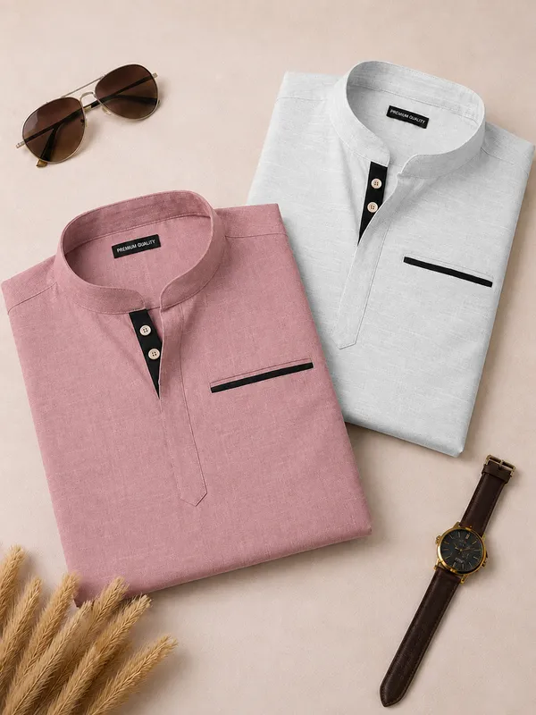 Pack_Of_2_Urban_Fit_Rose_Gold_White_Short_Linen_Kurta_For_Men