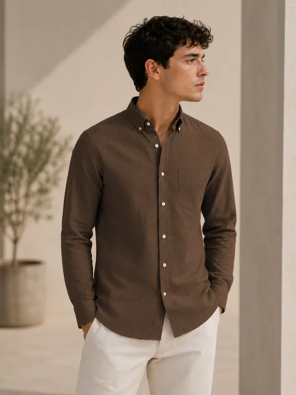 Dark_Brown_Down_Button_Casual_Linen_Shirt